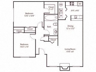 Floor plan for 2 beds, 1 bath, 850 sqft